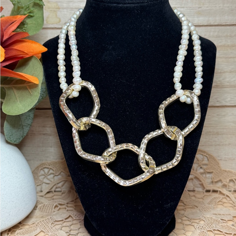 Double faux pearl strand with champagne colored metal stud-like links necklace